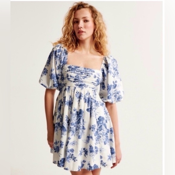 Abercrombie & Fitch Dresses & Skirts - Abercrombie & Fitch Emerson Poplin Puff Sleeve Dress blue white floral XL Linen